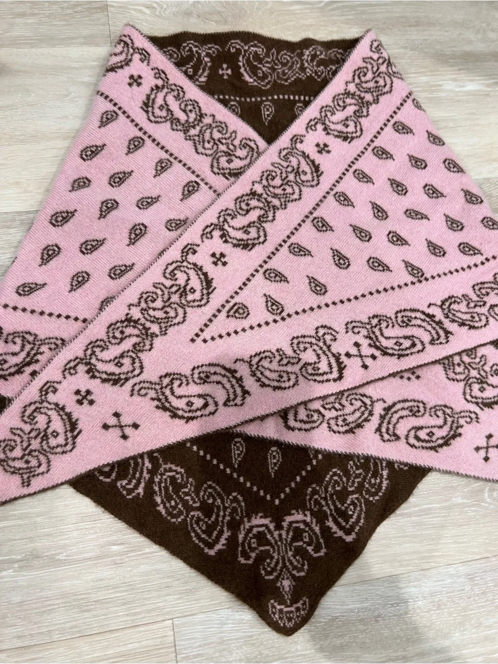 Brown & Pink Paisley Knit Bandana Wrap Scarf